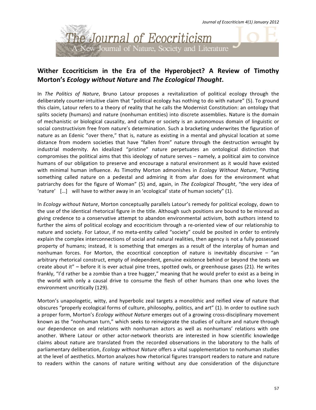 Wither Ecocriticism in the Era of the Hyperobject? a Review of Timothy Morton’S Ecology Without Nature and the Ecological Thought