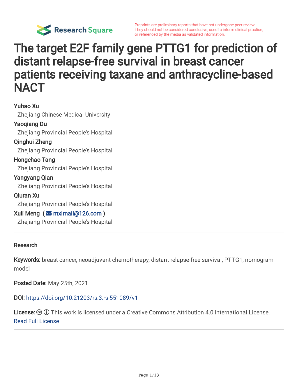 The Target E2F Family Gene PTTG1 for Prediction of Distant Relapse-Free Survival in Breast Cancer Patients Receiving Taxane and Anthracycline-Based NACT