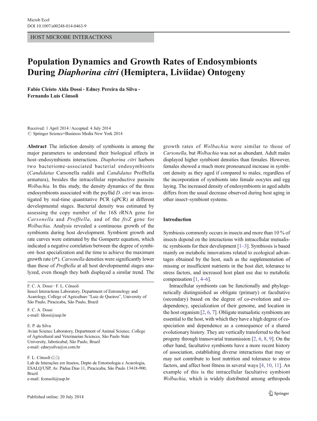 Population Dynamics and Growth Rates of Endosymbionts During Diaphorina Citri (Hemiptera, Liviidae) Ontogeny