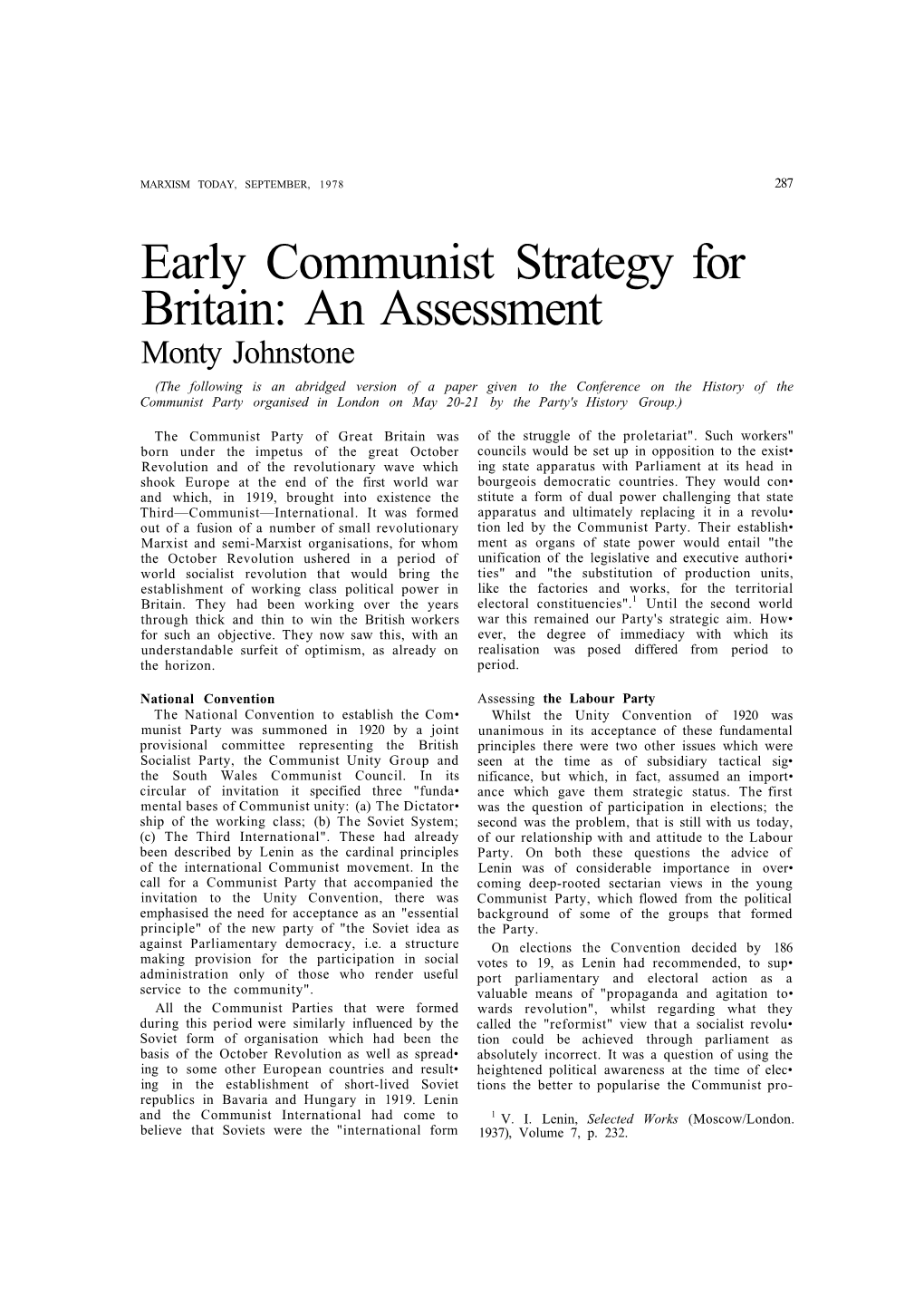 Early Communist Strategy for Britain: an Assessment