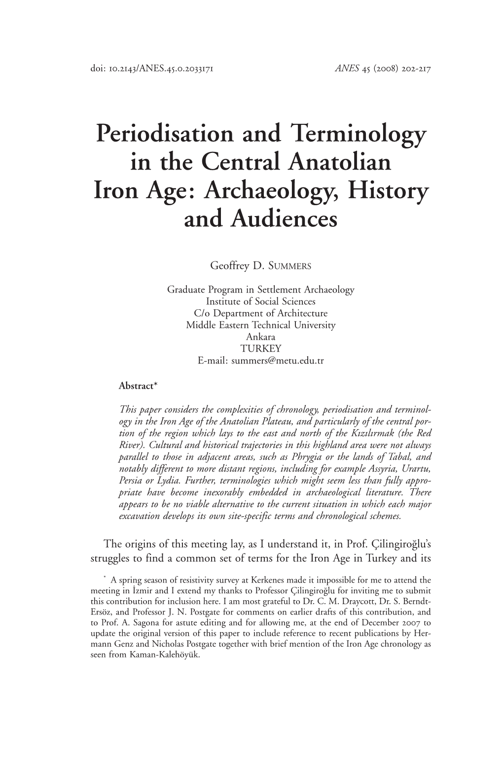 Periodisation and Terminology in the Central Anatolian Iron Age: Archaeology, History and Audiences
