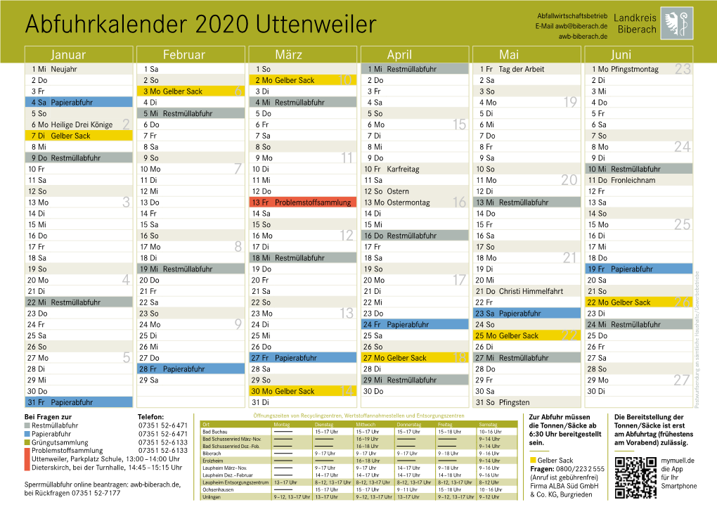 Abfuhrkalender 2020 Uttenweiler