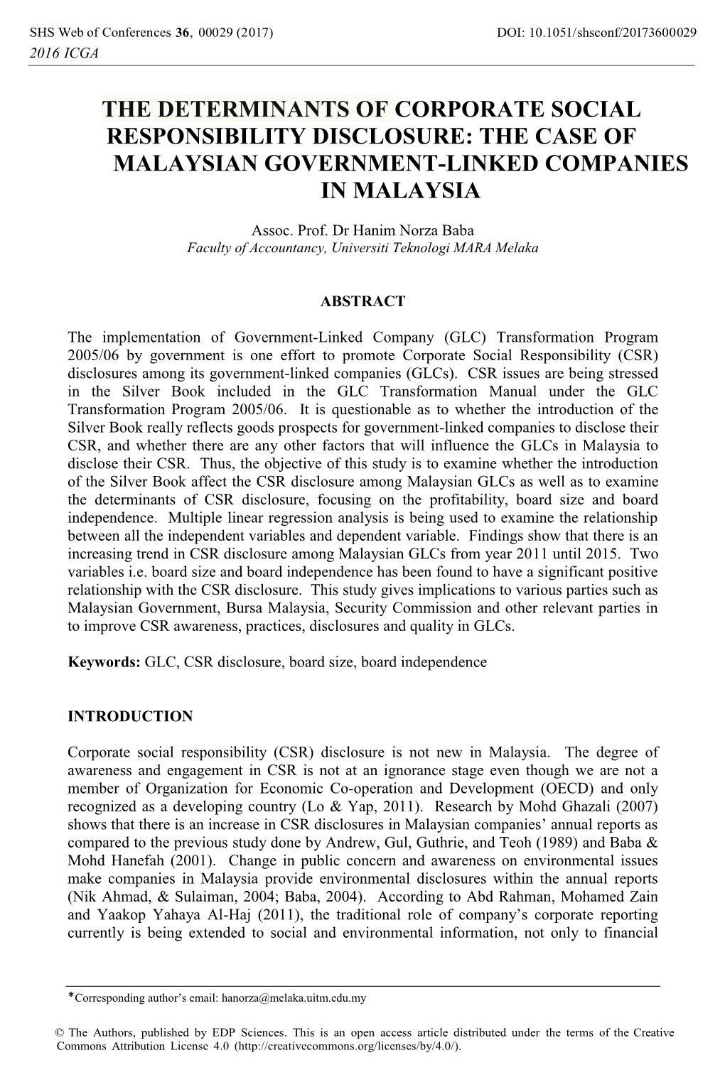 The Determinants of Corporate Social Responsibility Disclosure: the Case of Malaysian Government-Linked Companies in Malaysia