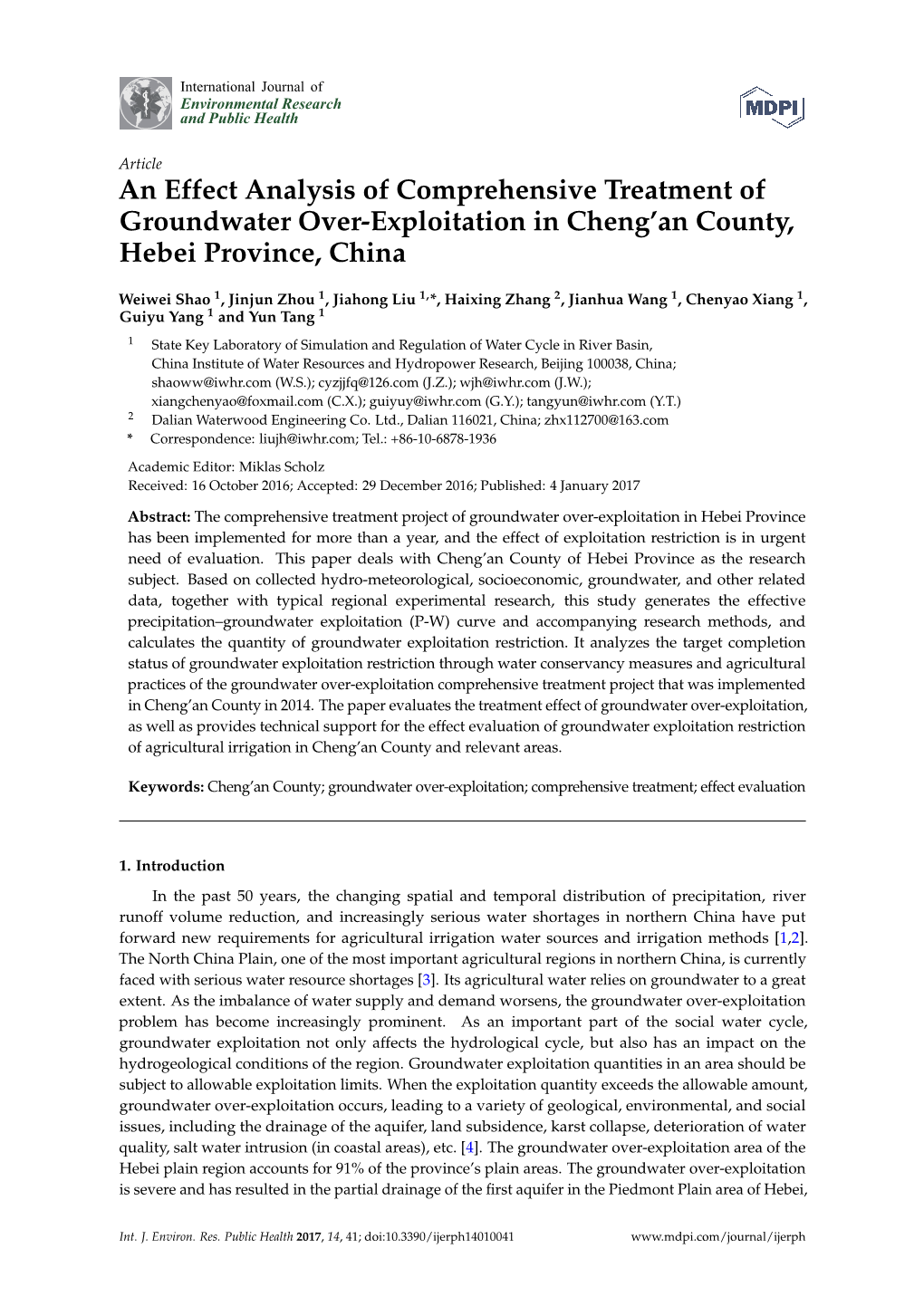 An Effect Analysis of Comprehensive Treatment of Groundwater Over-Exploitation in Cheng'an County, Hebei Province, China