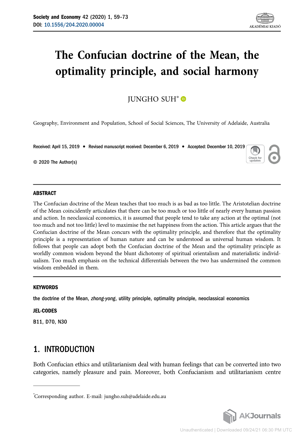 The Confucian Doctrine of the Mean, the Optimality Principle, and Social Harmony