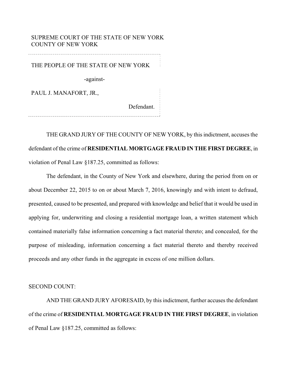 Indictment, Accuses the Defendant of the Crime of RESIDENTIAL MORTGAGE FRAUD in the FIRST DEGREE, in Violation of Penal Law §187.25, Committed As Follows