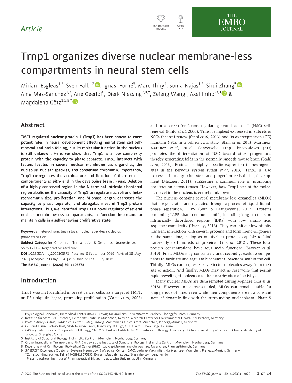 Trnp1 Organizes Diverse Nuclear Membrane‐Less Compartments In