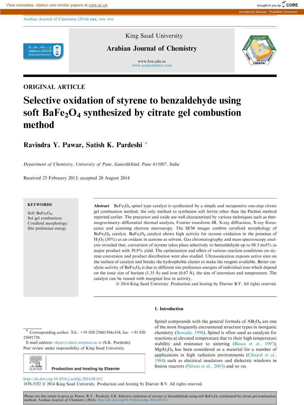 Selective Oxidation of Styrene to Benzaldehyde Using Soft Bafe2o4 Synthesized by Citrate Gel Combustion Method