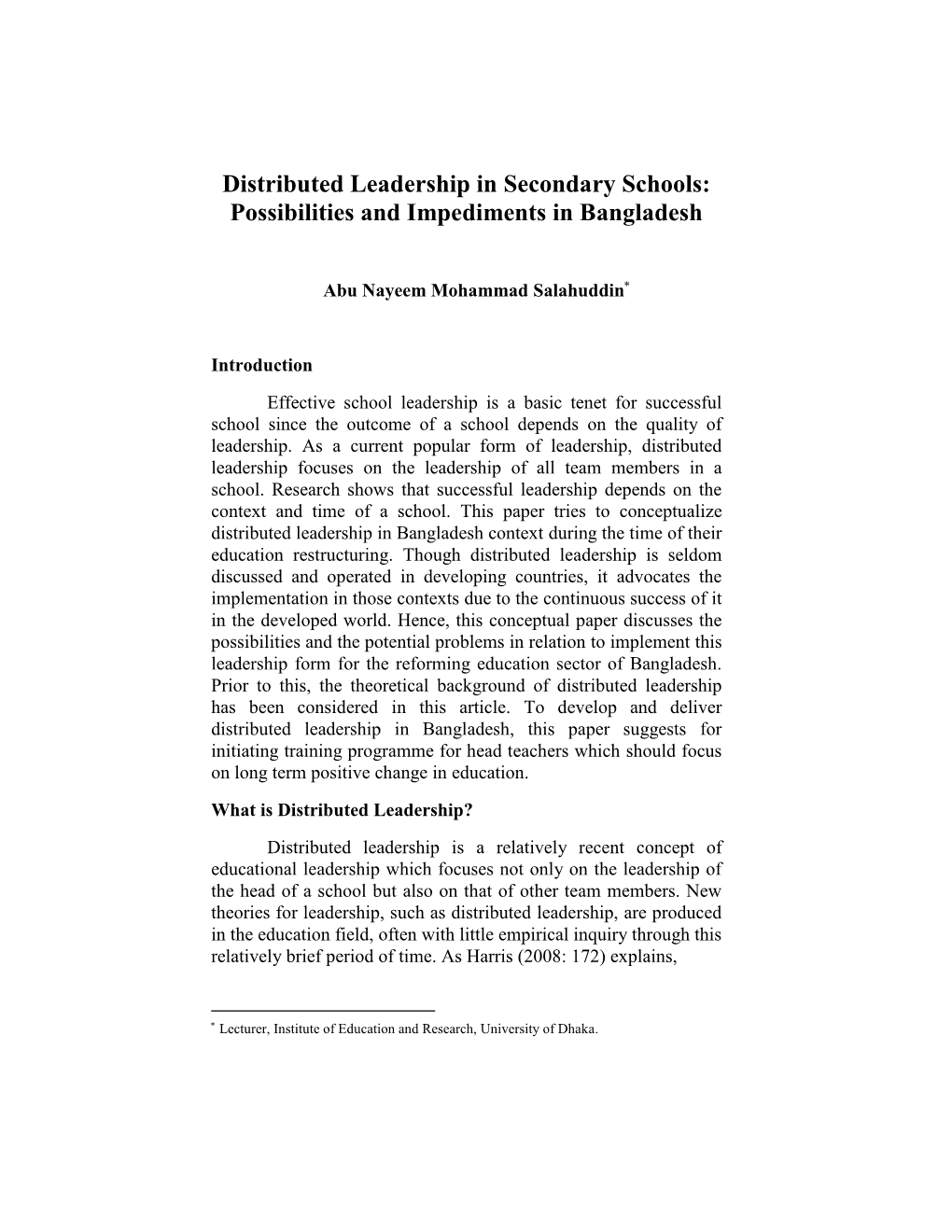Distributed Leadership in Secondary Schools: Possibilities and Impediments in Bangladesh