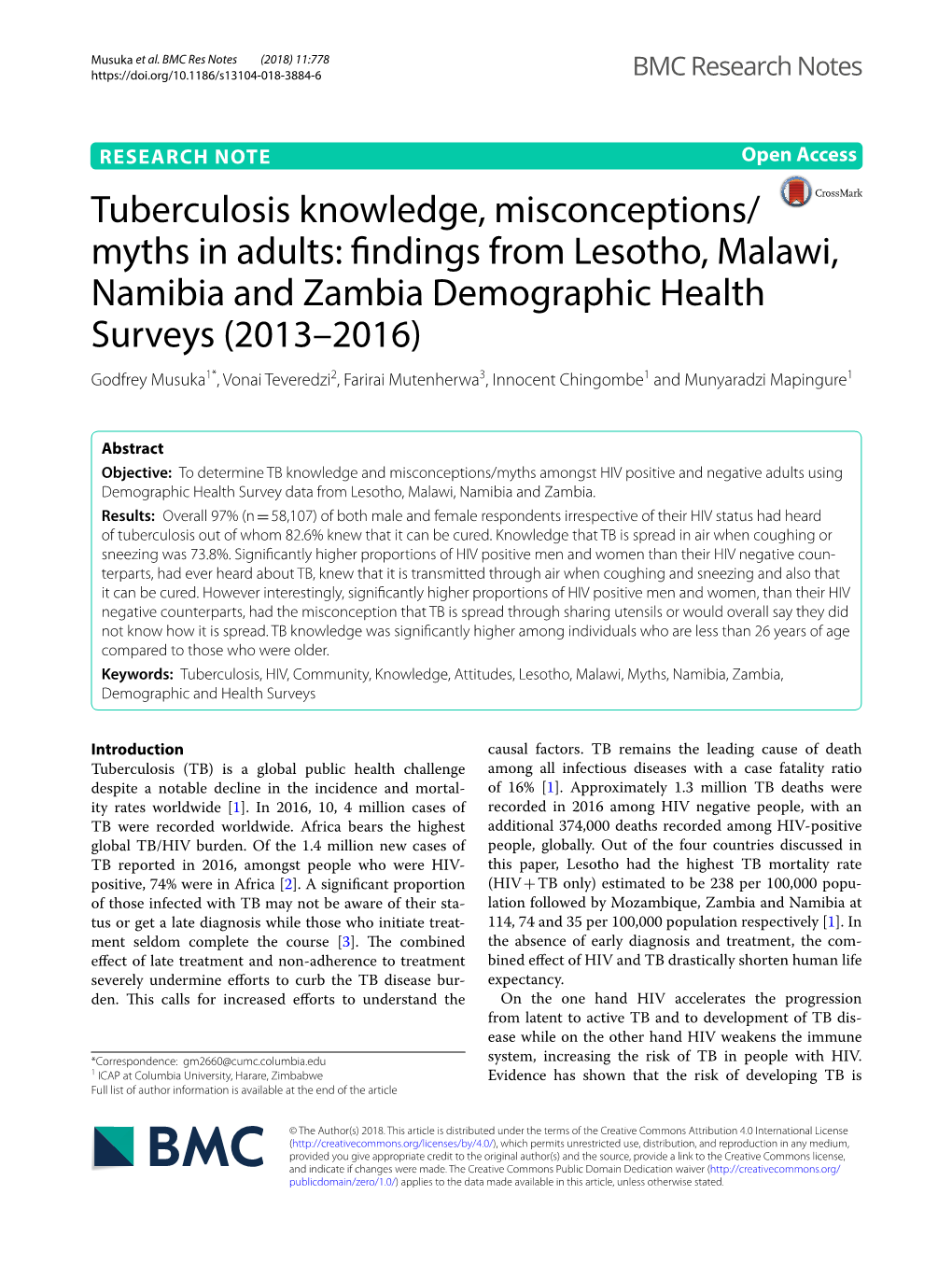 Tuberculosis Knowledge, Misconceptions/Myths in Adults