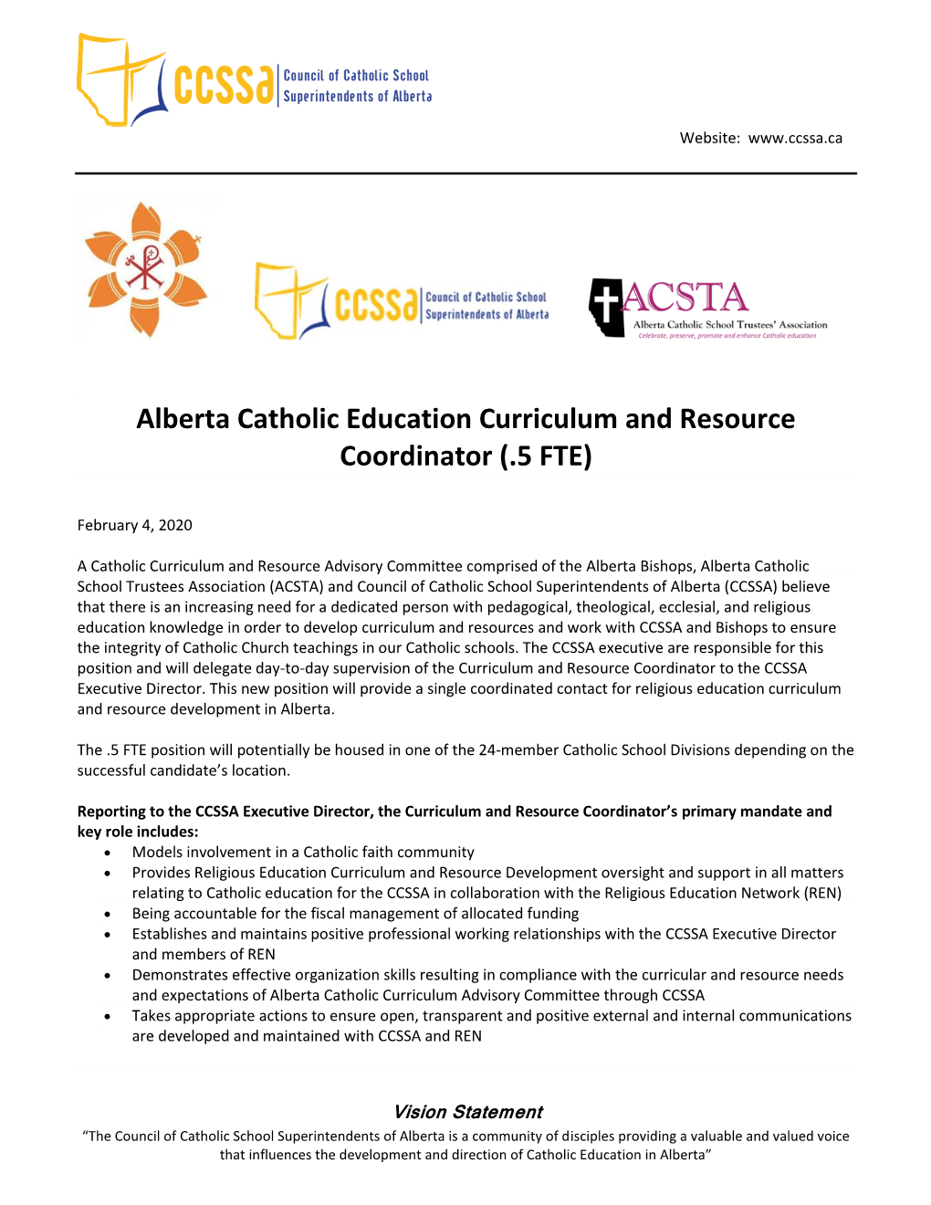 Alberta Catholic Education Curriculum and Resource Coordinator (.5 FTE)