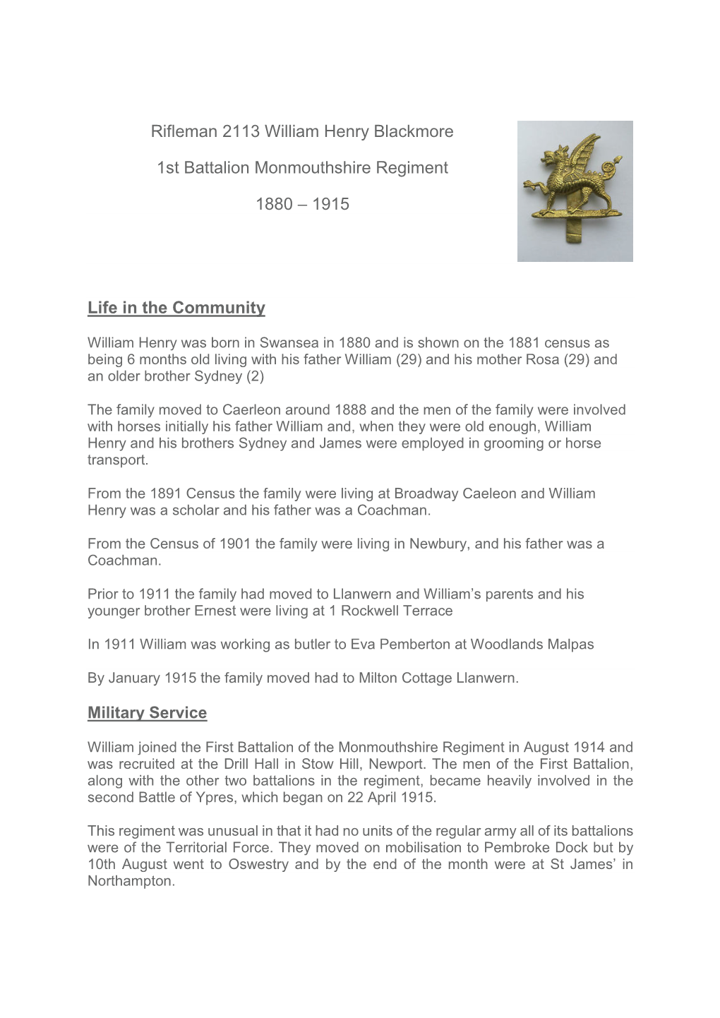 Rifleman 2113 William Henry Blackmore 1St Battalion