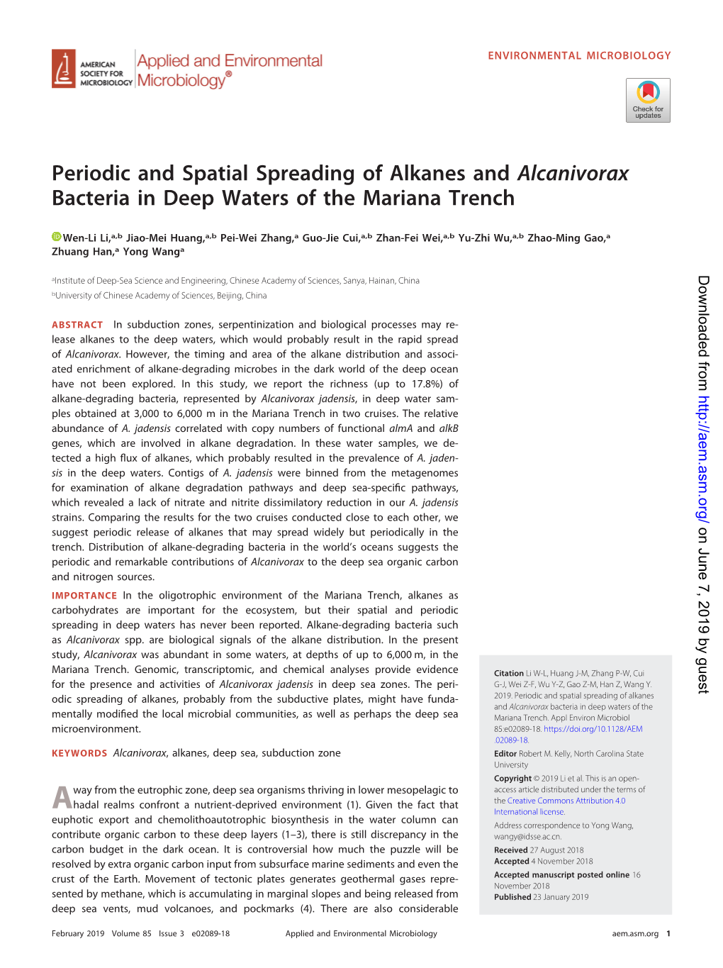 Periodic and Spatial Spreading of Alkanes and Alcanivorax Bacteria in Deep Waters of the Mariana Trench