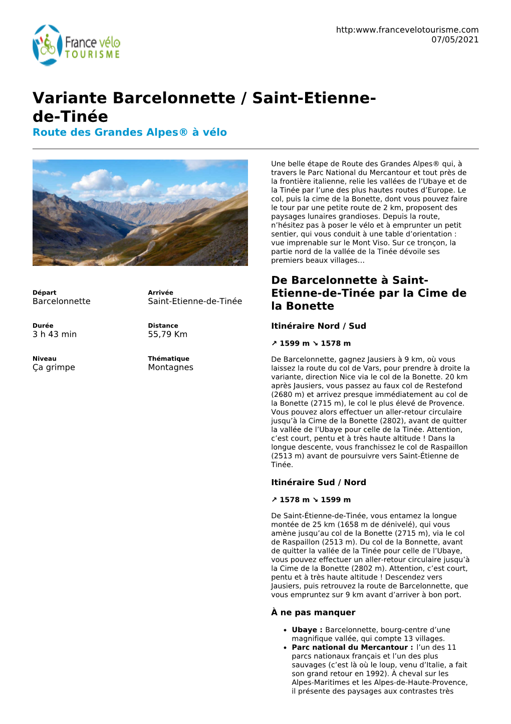 Variante Barcelonnette / Saint-Etienne- De-Tinée Route Des Grandes Alpes® À Vélo