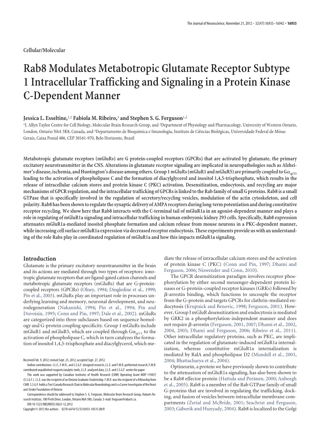 Rab8 Modulates Metabotropic Glutamate Receptor Subtype 1 Intracellular Trafficking and Signaling in a Protein Kinase C-Dependent Manner