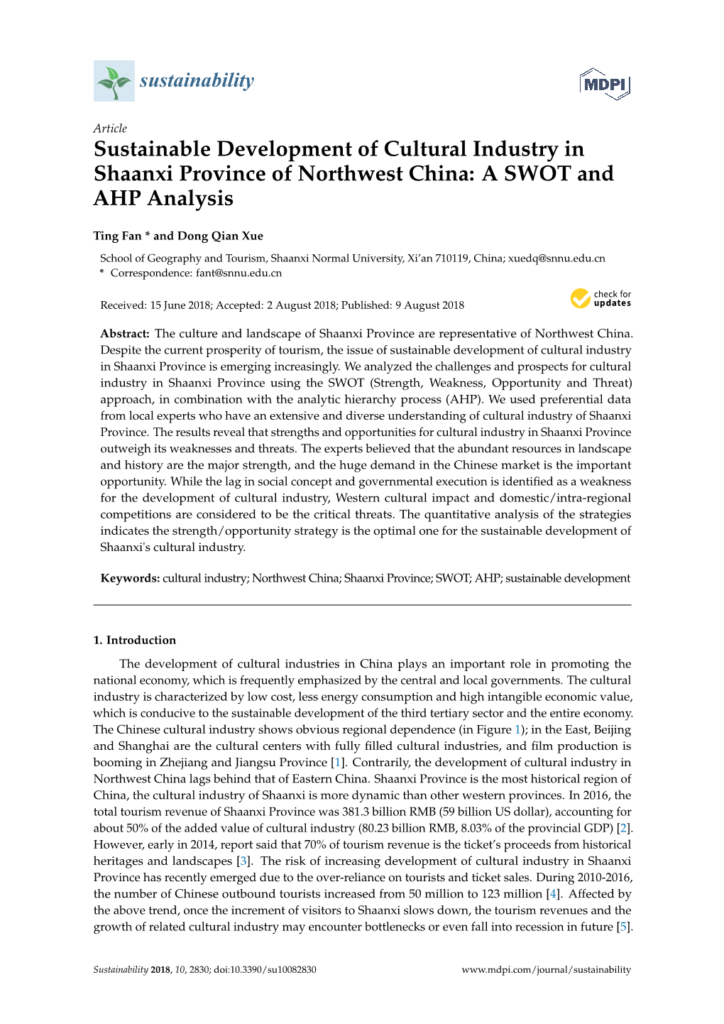 Sustainable Development of Cultural Industry in Shaanxi Province of Northwest China: a SWOT and AHP Analysis