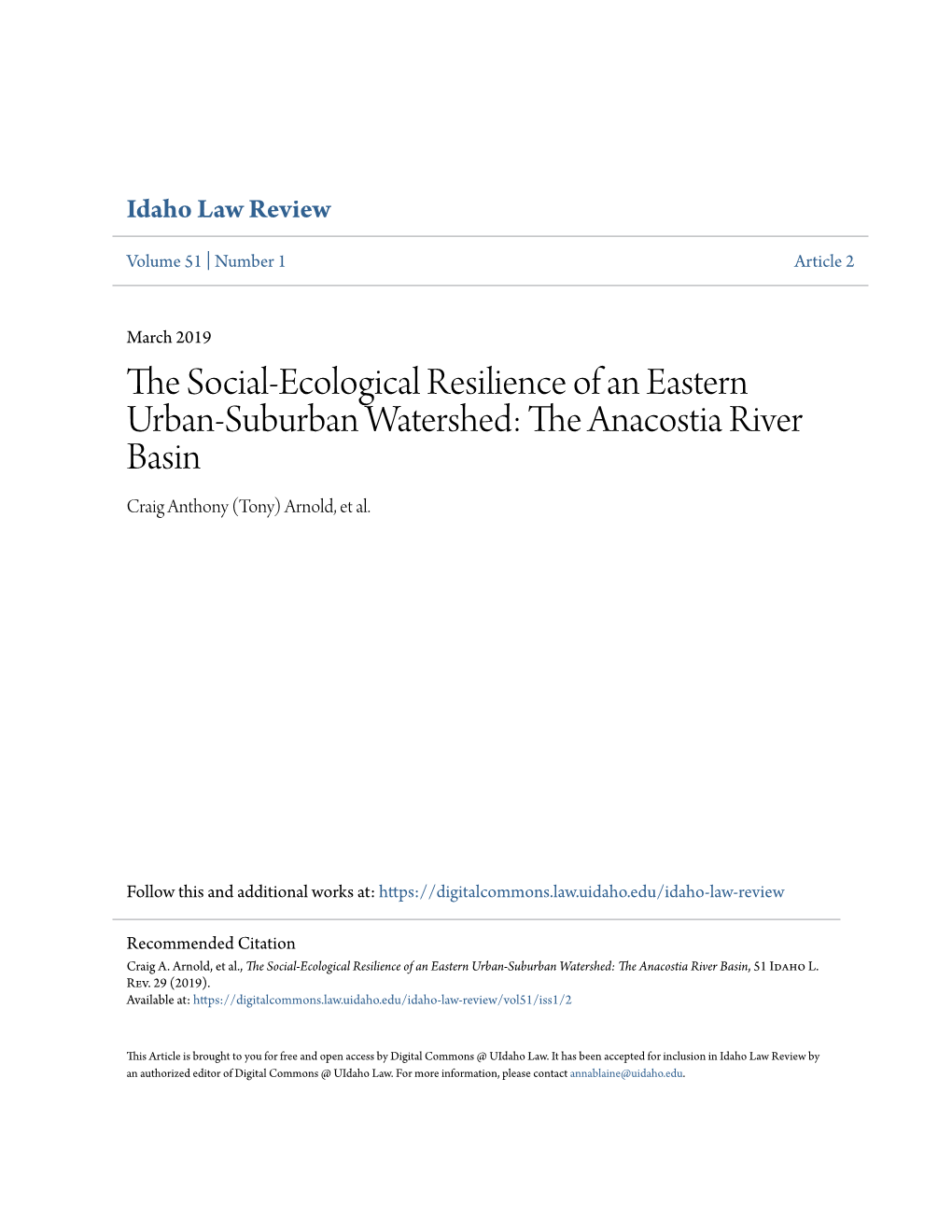 The Anacostia River Basin Craig Anthony (Tony) Arnold, Et Al