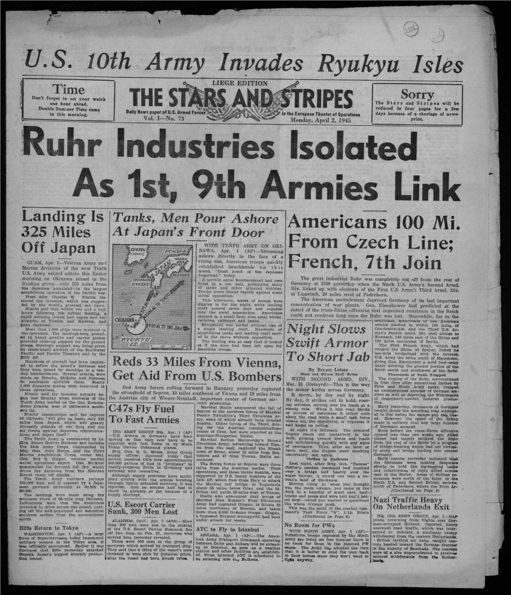 Ruhr Industries Isolated As 1St. 9Th Armies Link Landing Is Tanks, Men Pour Ashore 325 Miles at Japan's Front Door Americans 100 Mi