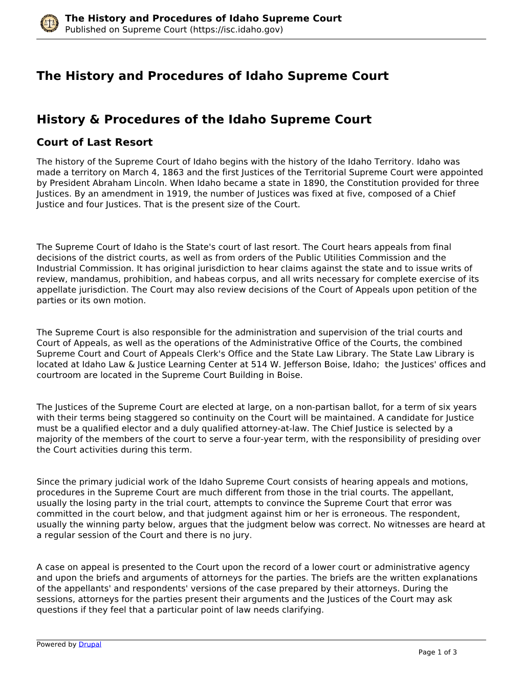 The History and Procedures of Idaho Supreme Court Published on Supreme Court (