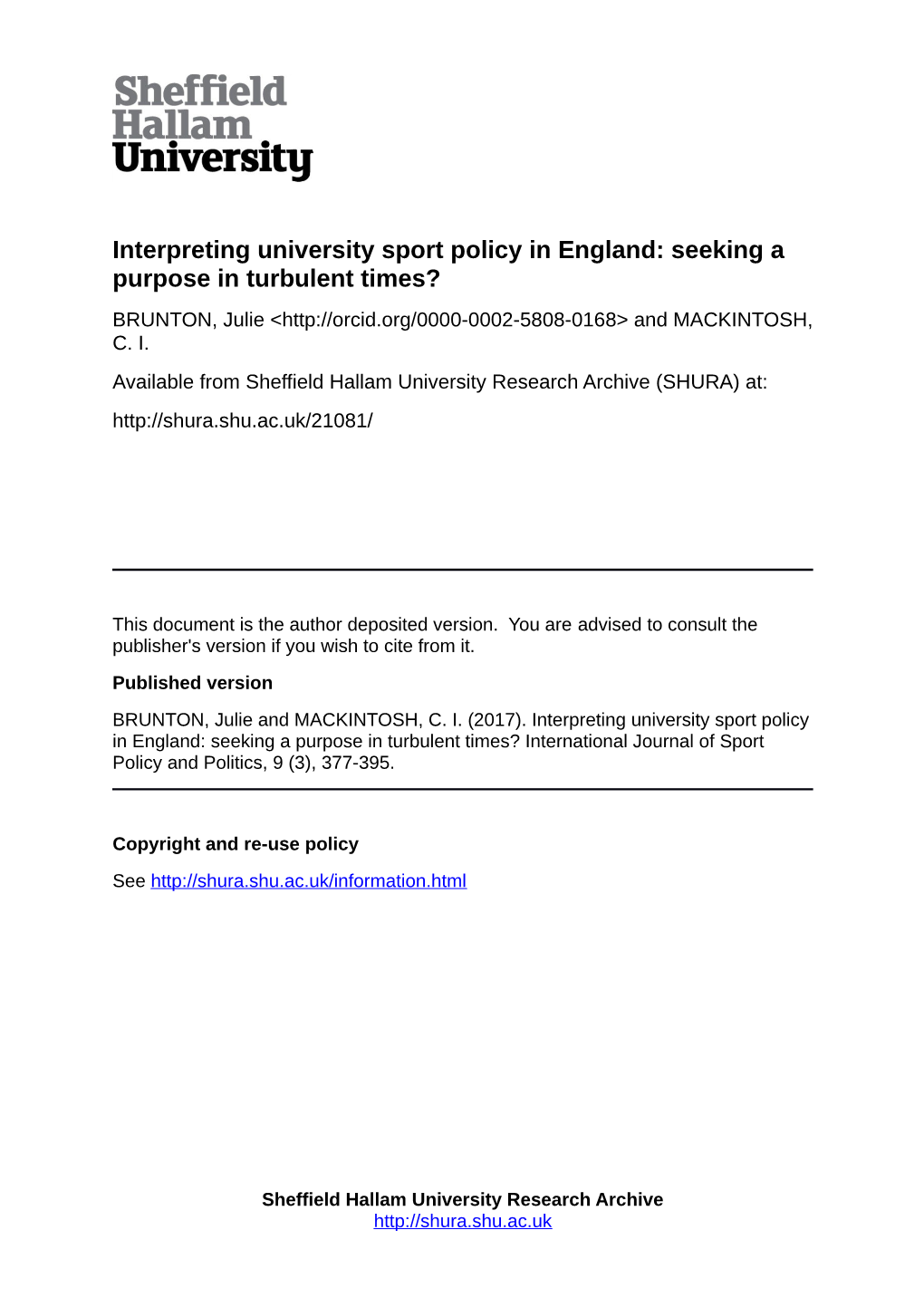 Interpreting University Sport Policy in England