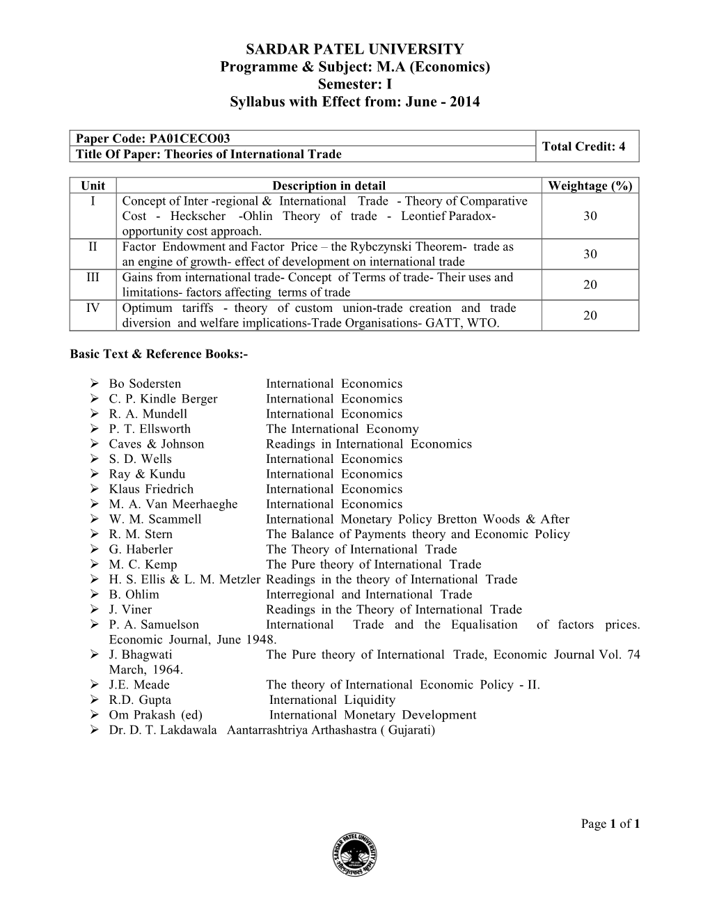 PA01CECO03 Total Credit: 4 Title of Paper: Theories of International Trade