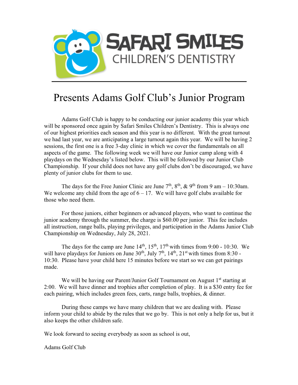 2021 Adams Safari Junior Golf