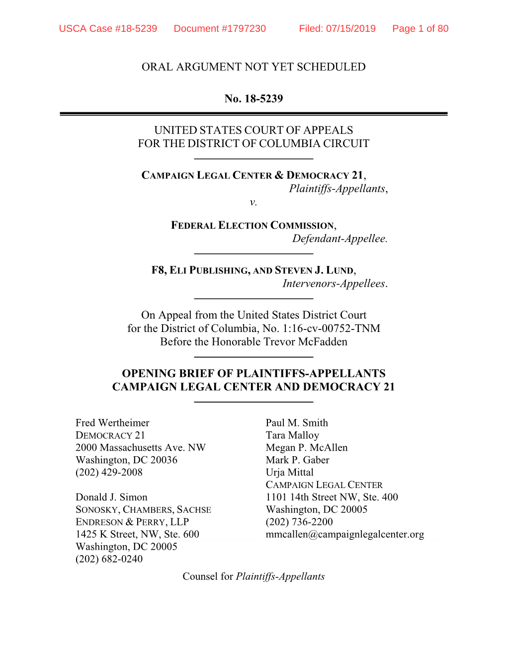 CLC V. FEC ((18-5239) Opening Brief of Plaintiffs-Appellants Filed July 15