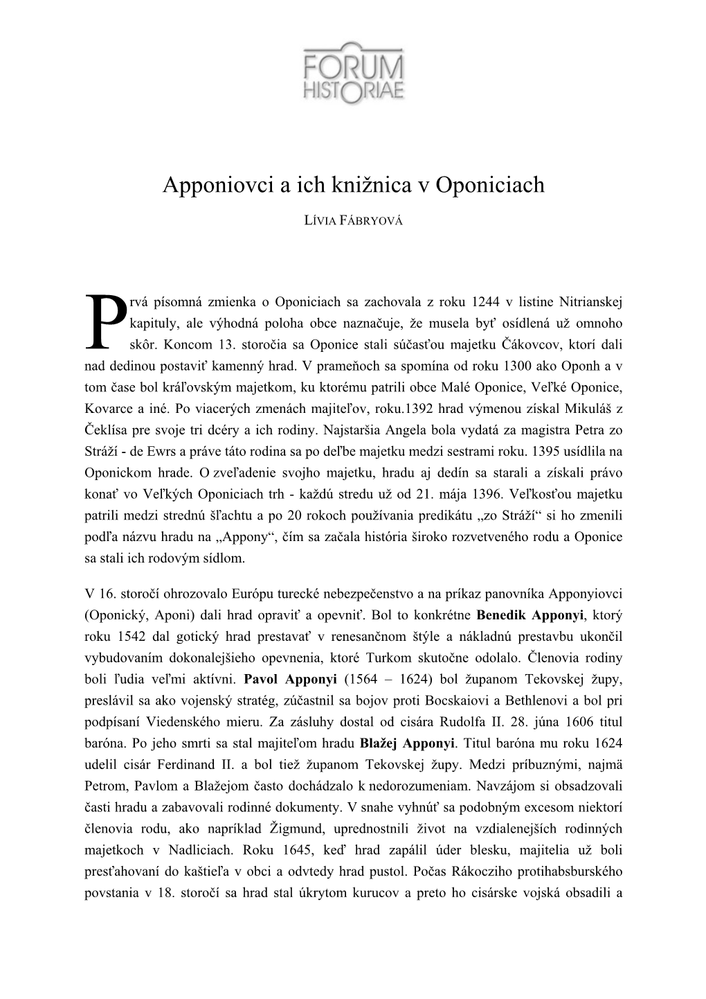 L. Fábryová: Apponiovci a Ich Knižnica V Oponiciach