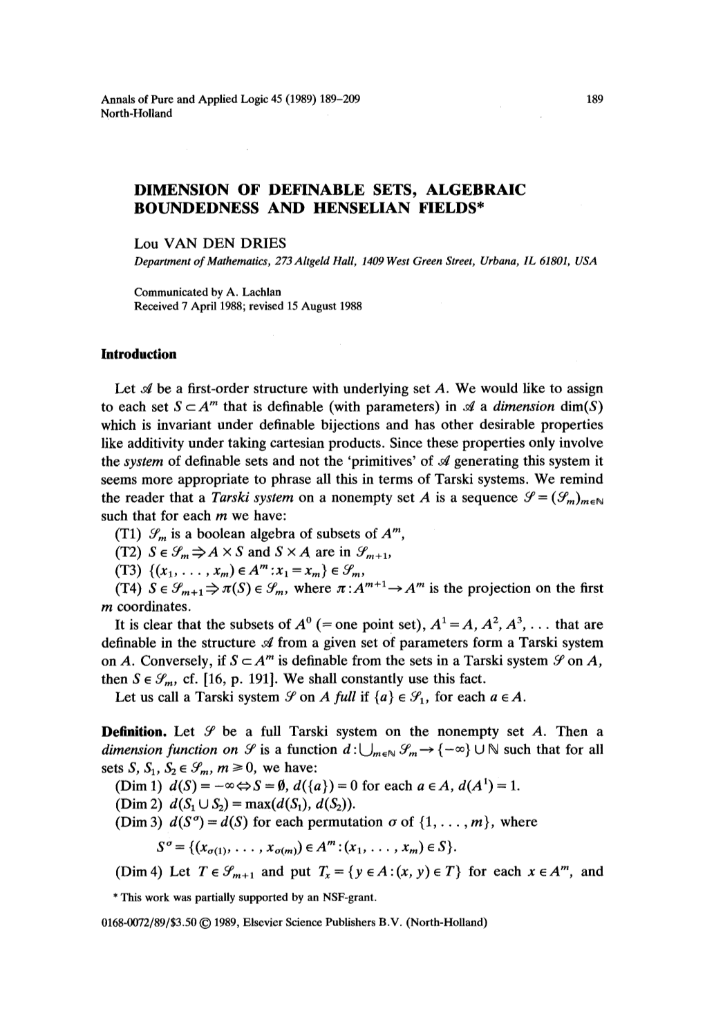 Dimension of Definable Sets, Algebraic Boundedness and Henselian Fields*