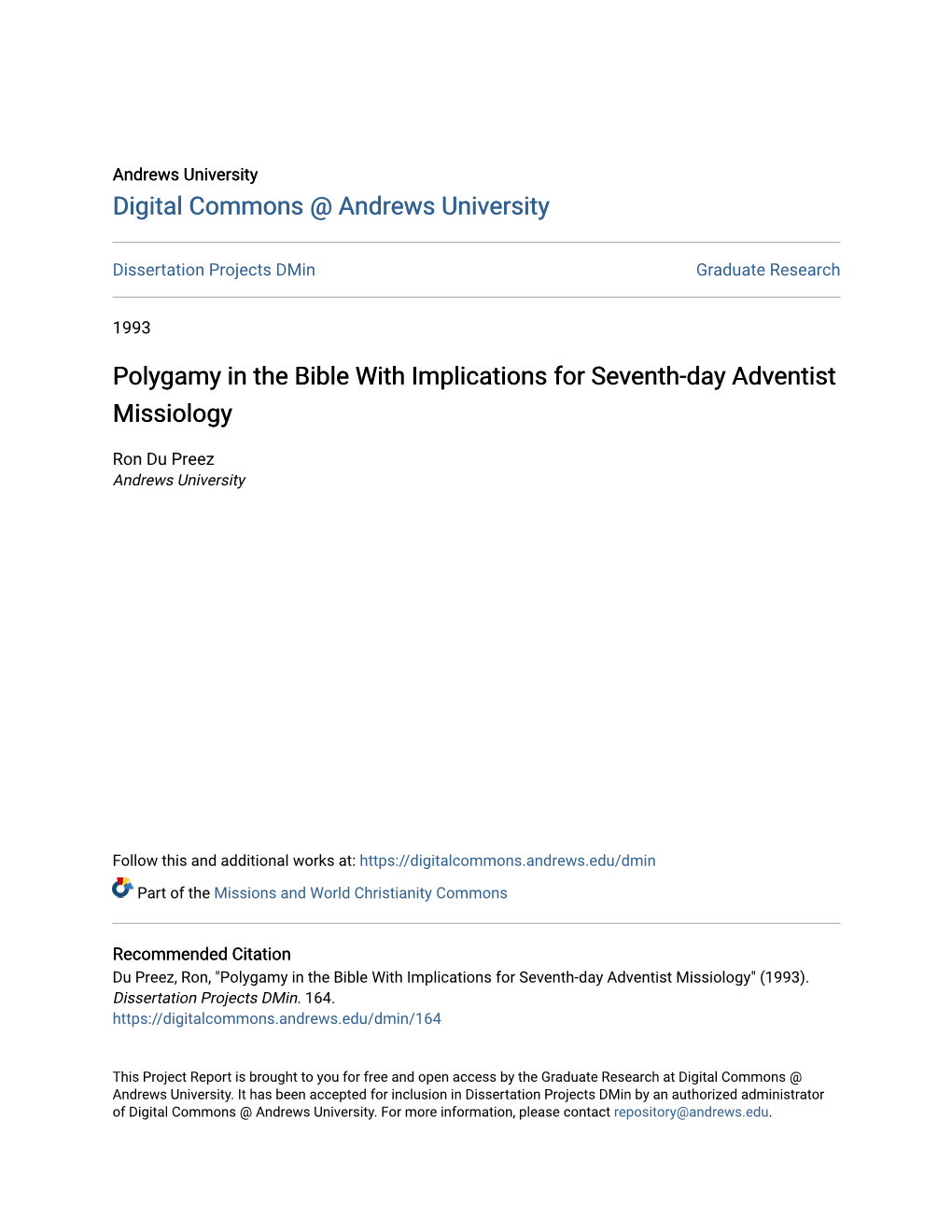 Polygamy in the Bible with Implications for Seventh-Day Adventist Missiology