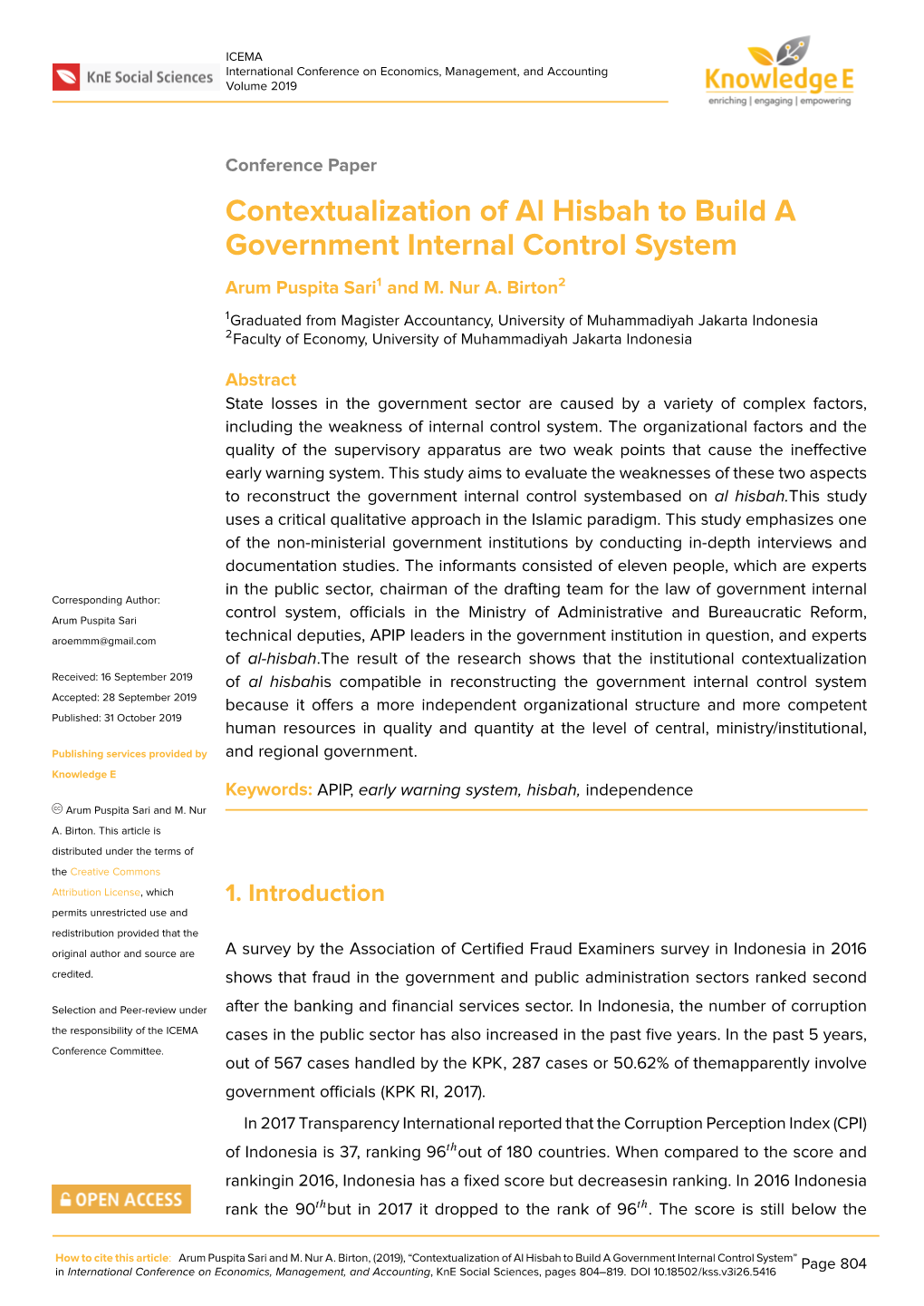 Contextualization of Al Hisbah to Build a Government Internal Control System Arum Puspita Sari1 and M