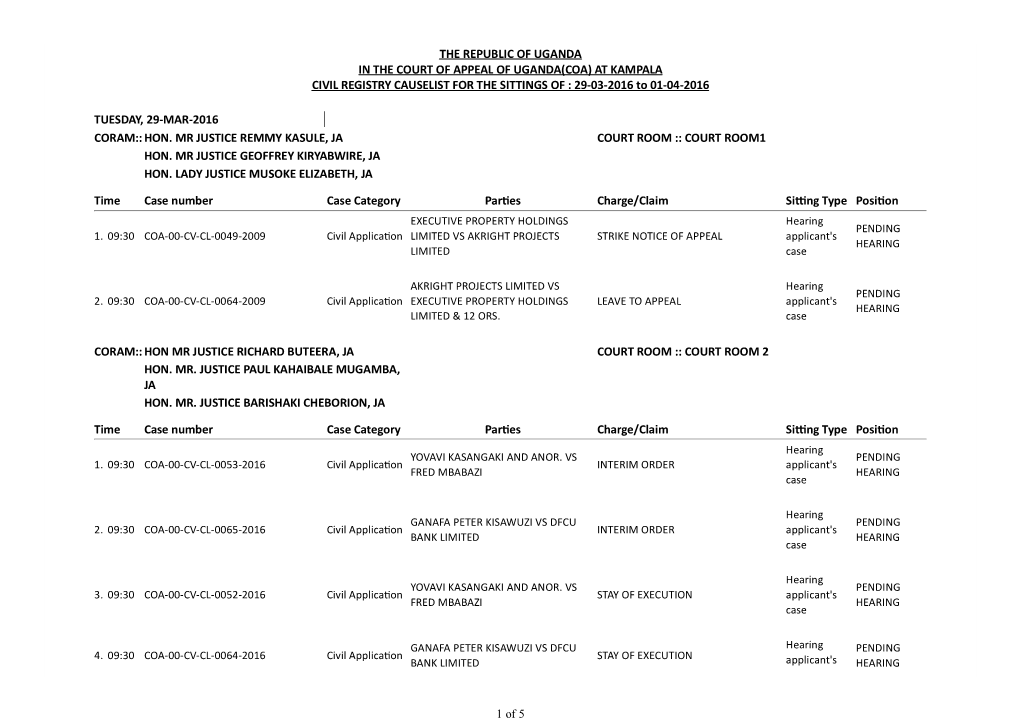 THE REPUBLIC of UGANDA in the COURT of APPEAL of UGANDA(COA) at KAMPALA CIVIL REGISTRY CAUSELIST for the SITTINGS of : 29-03-2016 to 01-04-2016