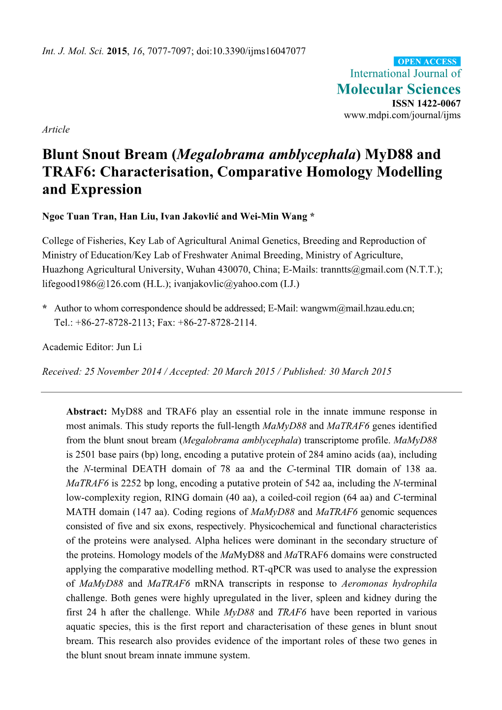 Megalobrama Amblycephala) Myd88 and TRAF6: Characterisation, Comparative Homology Modelling and Expression