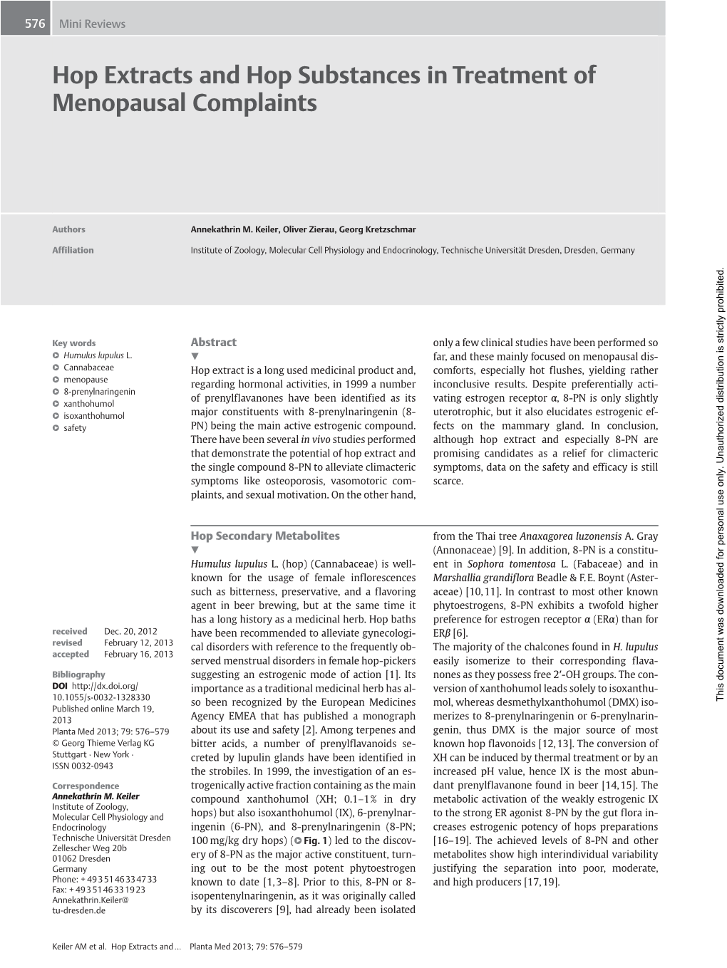 Hop Extracts and Hop Substances in Treatment of Menopausal Complaints