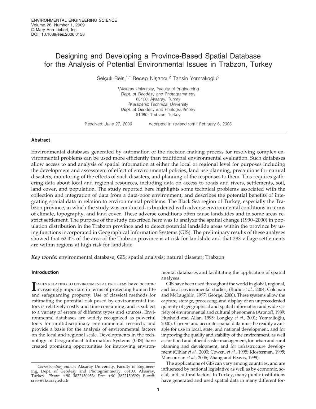 Designing and Developing a Province-Based Spatial Database for the Analysis of Potential Environmental Issues in Trabzon, Turkey