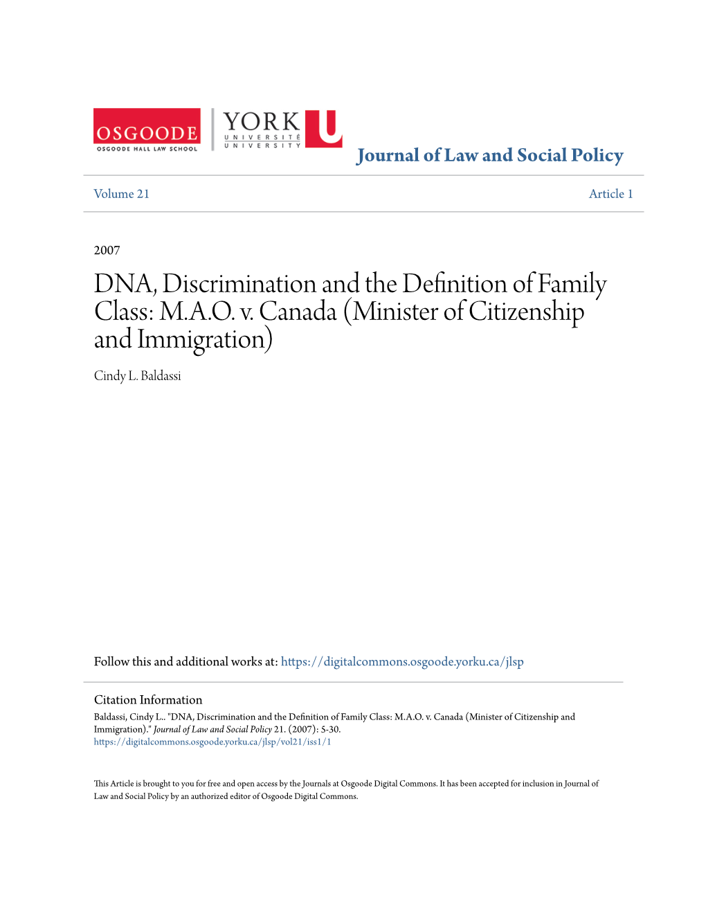 DNA, Discrimination and the Definition of Family Class: M.A.O. V. Canada (Minister of Citizenship and Immigration) Cindy L