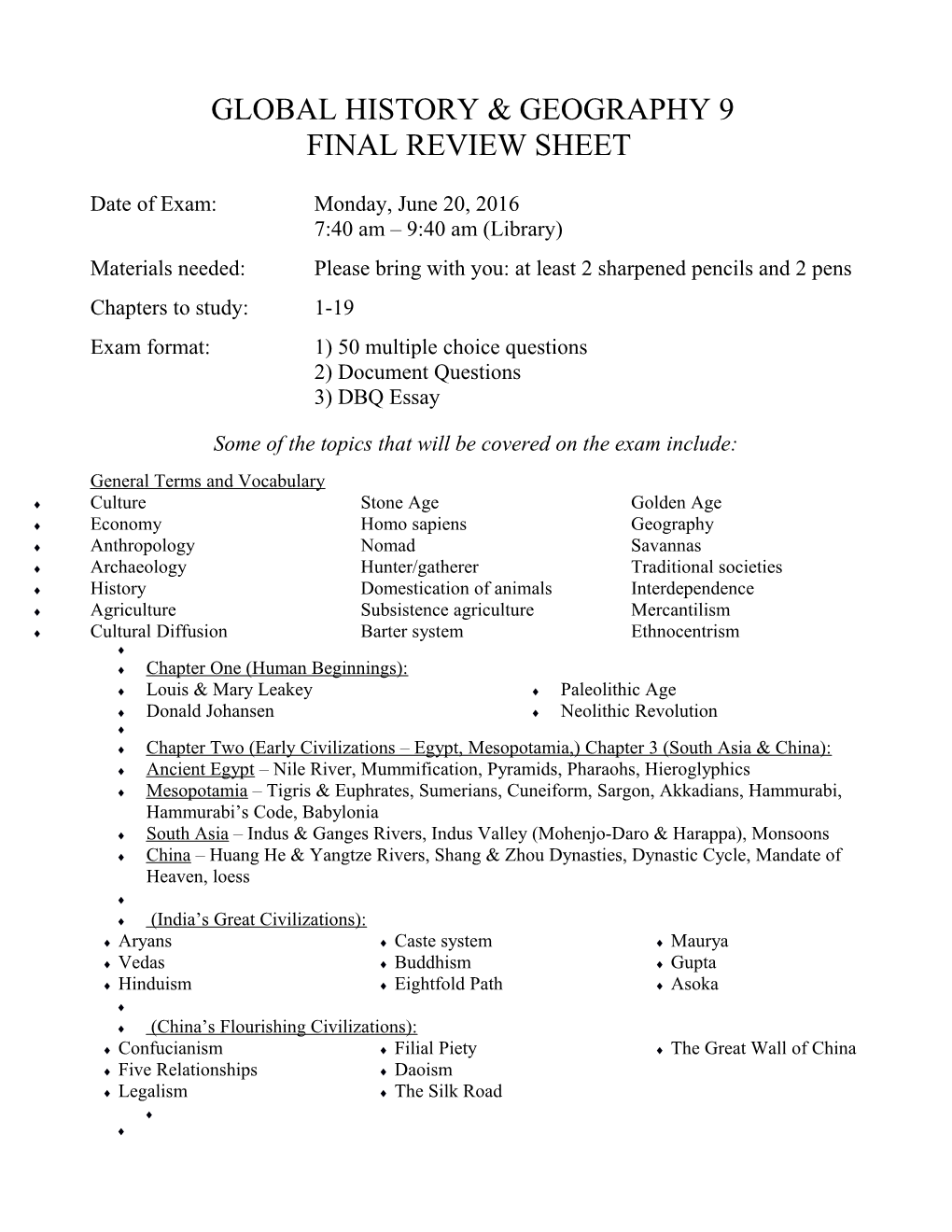 Midterm Review Sheet - Global History