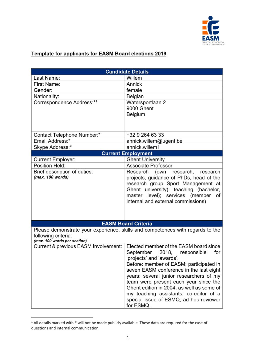 Template for Applicants for EASM Board Elections 2019 Candidate Details Last Name