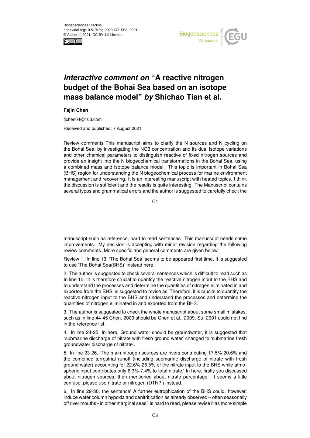 A Reactive Nitrogen Budget of the Bohai Sea Based on an Isotope Mass Balance Model” by Shichao Tian Et Al