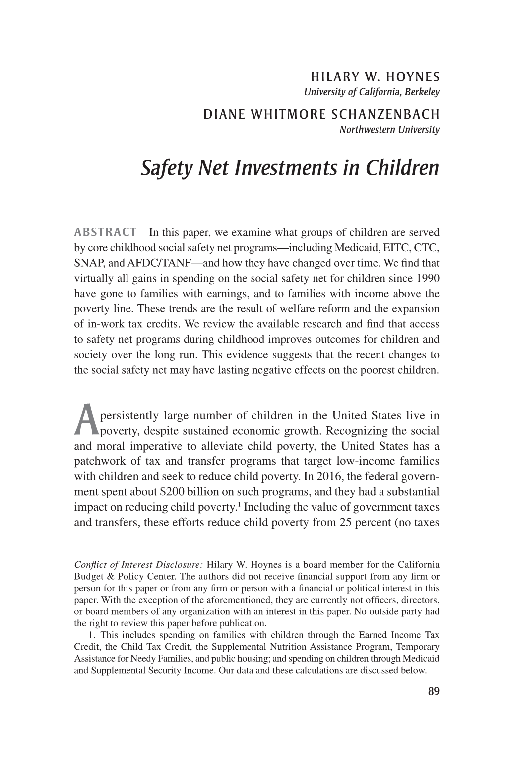 Safety Net Investments in Children