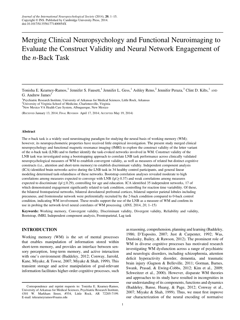 Merging Clinical Neuropsychology and Functional Neuroimaging to Evaluate the Construct Validity and Neural Network Engagement of the N-Back Task