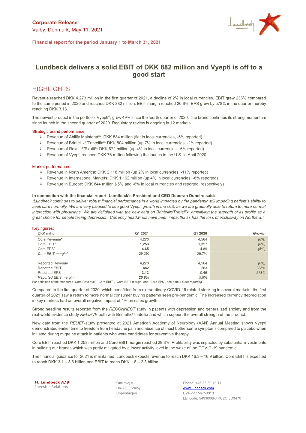 Lundbeck Delivers a Solid EBIT of DKK 882 Million and Vyepti Is Off to a Good Start
