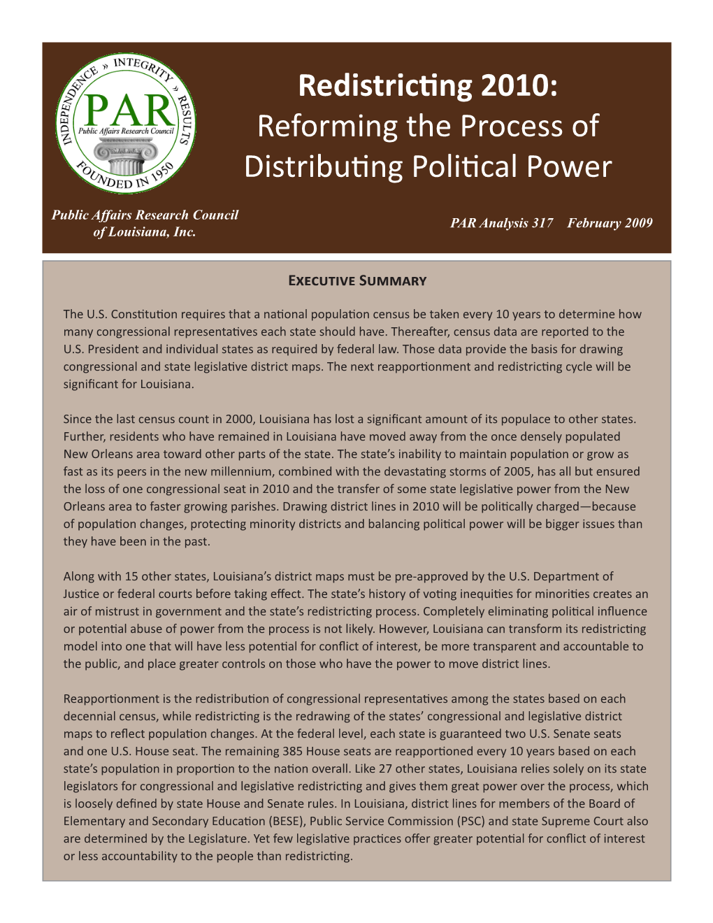 Redistricting 2010: Reforming the Process of Distributing Political Power