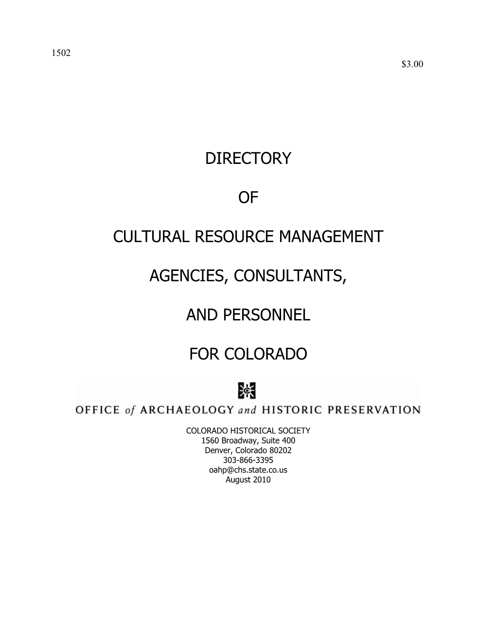 Directory of Cultural Resource Management Agencies, Consultants and Personnel for Colorado