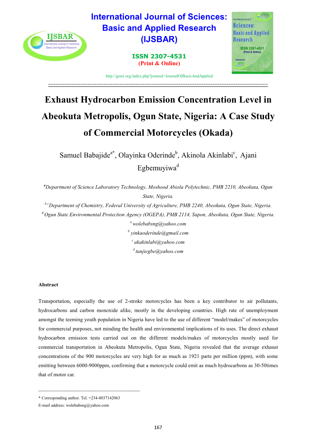 Exhaust Hydrocarbon Emission Concentration Level in Abeokuta Metropolis, Ogun State, Nigeria: a Case Study of Commercial Motorcycles (Okada)