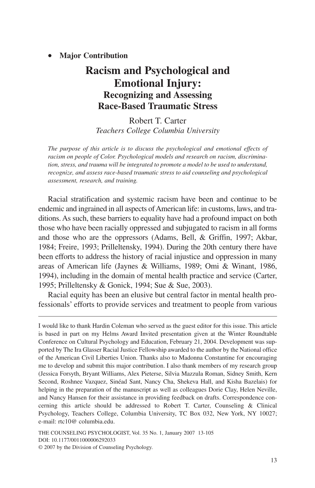 Racism and Psychological and Emotional Injury: Recognizing and Assessing Race-Based Traumatic Stress Robert T