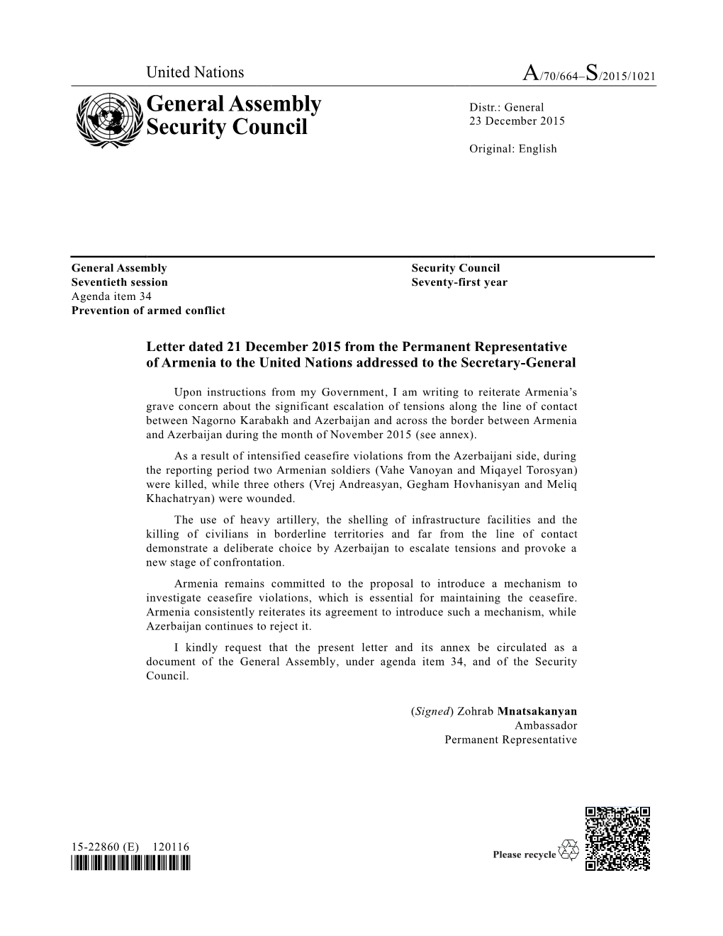 General Assembly Security Council Seventieth Session Seventy-First Year Agenda Item 34 Prevention of Armed Conflict