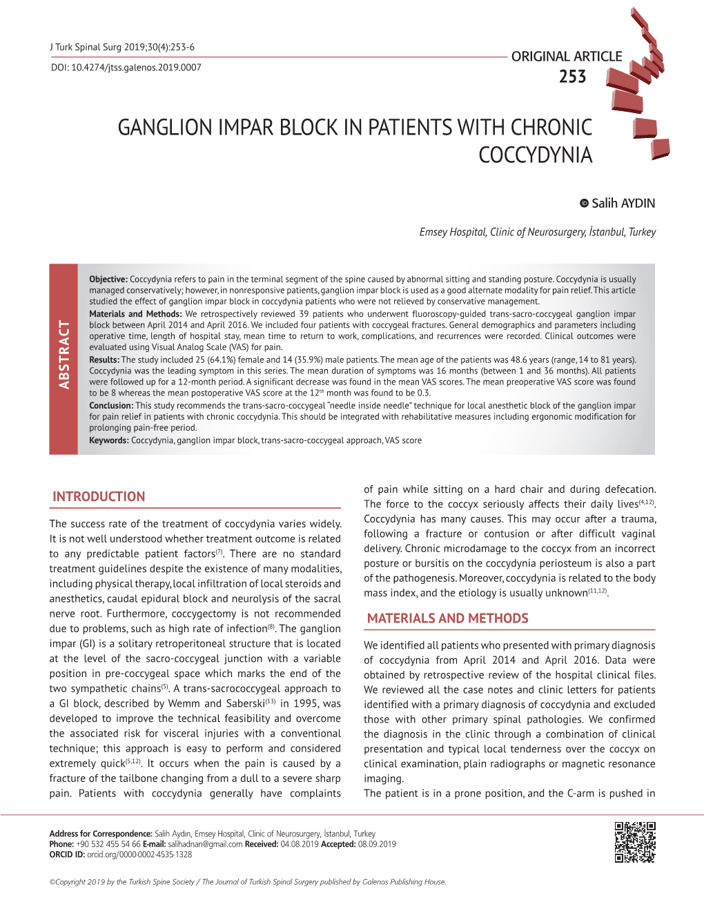 Ganglion Impar Block in Patients with Chronic Coccydynia