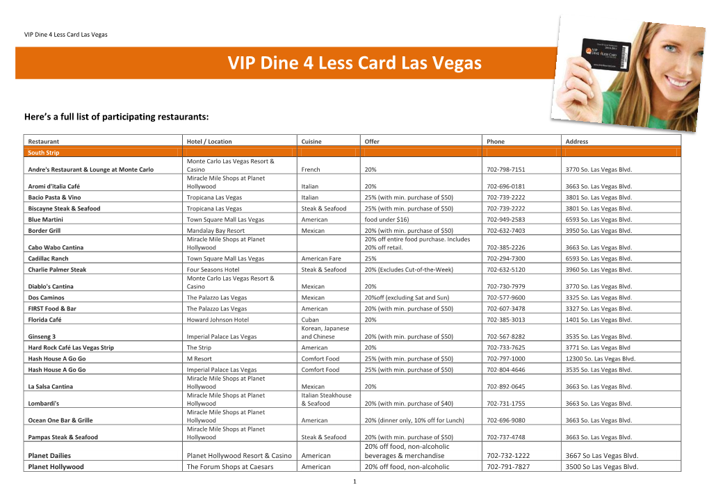 VIP Dine 4 Less Card Las Vegas