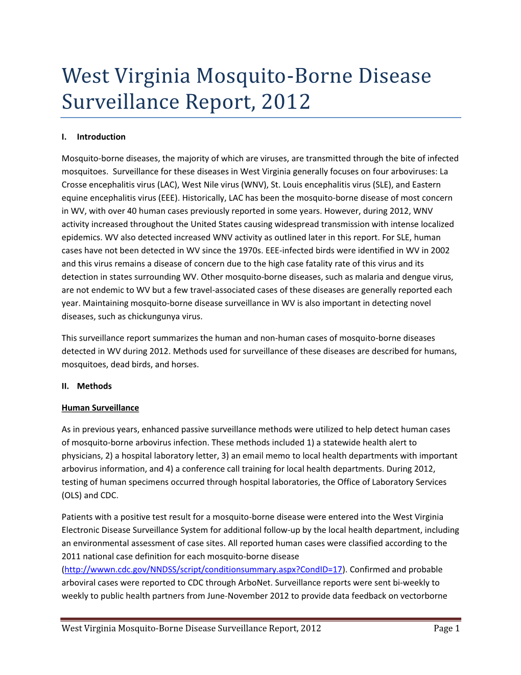 West Virginia Mosquito-Borne Disease Surveillance Report, 2012